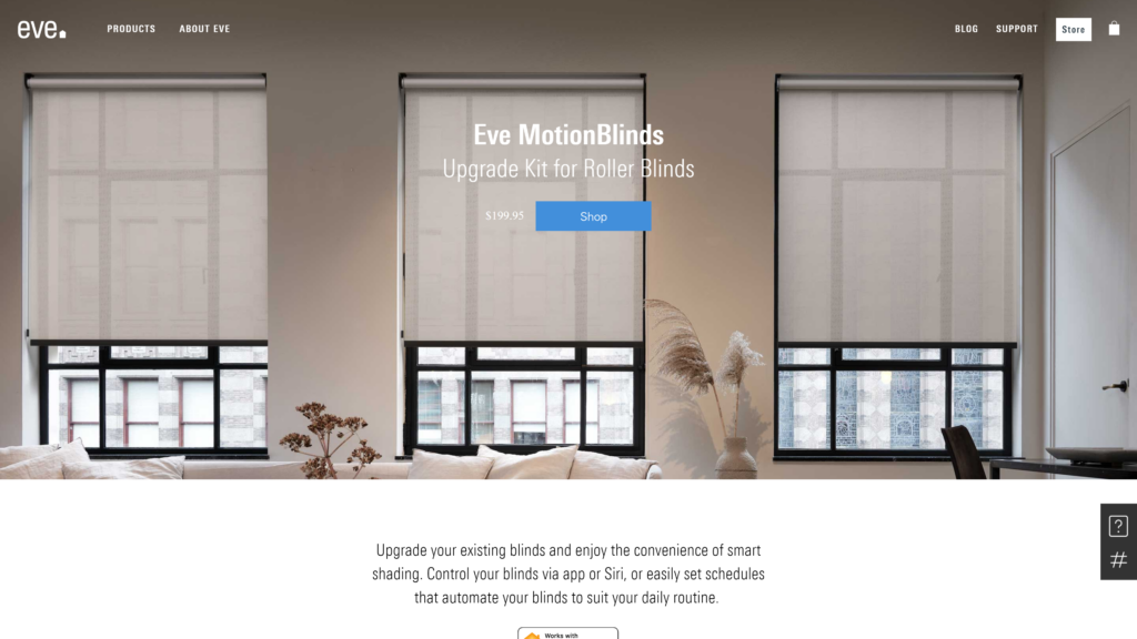 screenshot of the Eve MotionBlinds homepage