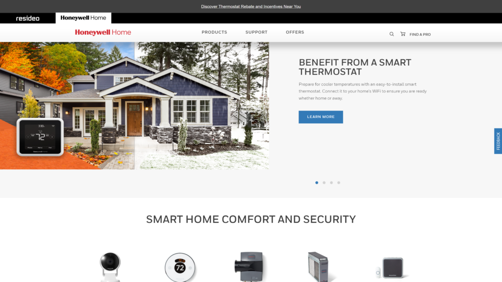 screenshot of the Honeywell home automation companies homepage