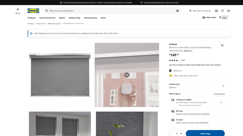 screenshot of the IKEA FYRTUR smart blinds homepage