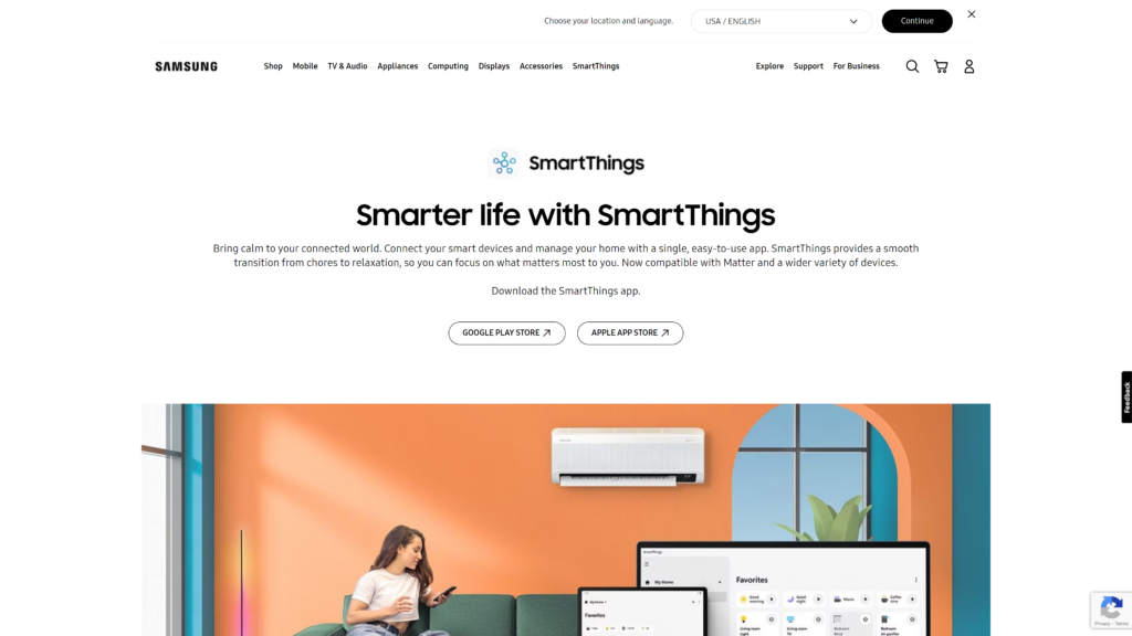 screenshot of the samsung smart things homepage