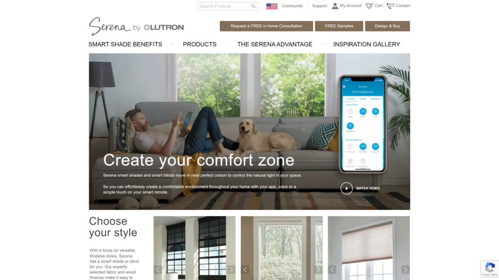 screenshot of the Lutron Serena Roller Shades smart blinds homepage