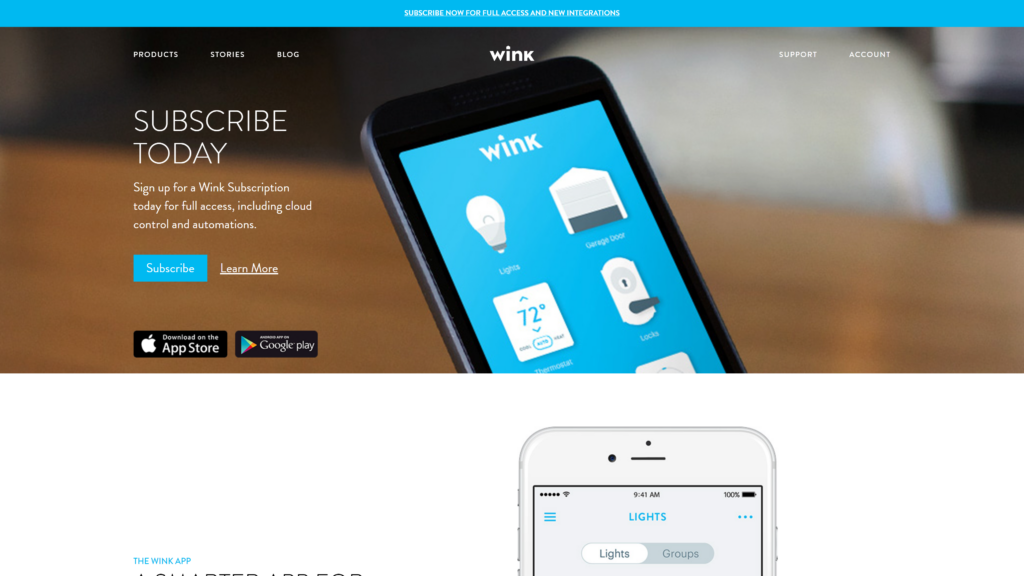 screenshot of the wink homepage