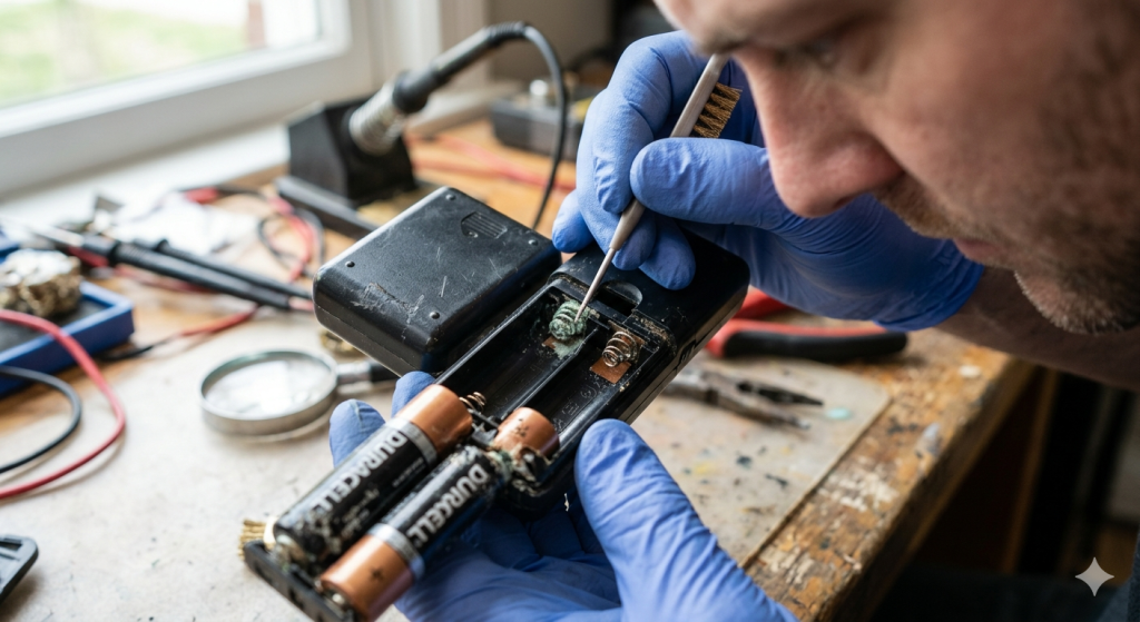Person repairing electronic device with batteries Honeywell thermostat display not working