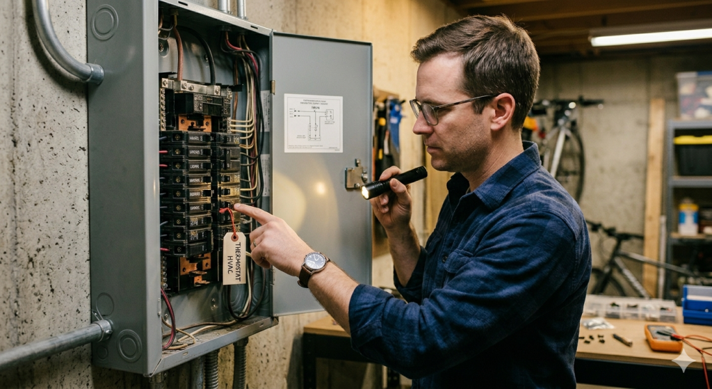Man working on electrical panel Honeywell thermostat display not working