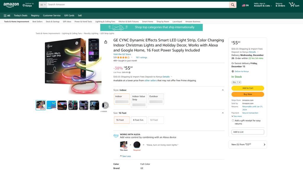 screenshot of the GE Cyne Dynamic Effects Smart Light Strip smart led strip lights homepage