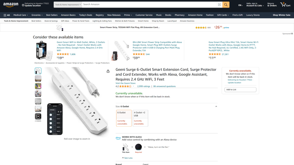 screenshot of the Geeni Surge 6-Outlet Smart Extension Cord homepage