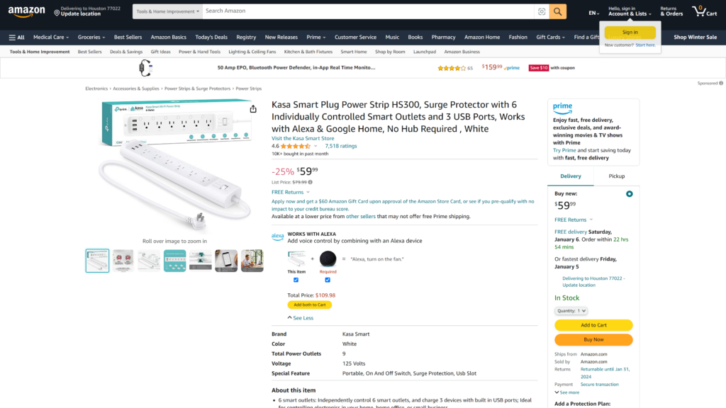 screenshot of the Kasa Smart Plug Power Strip HS300 smart power strip homepage