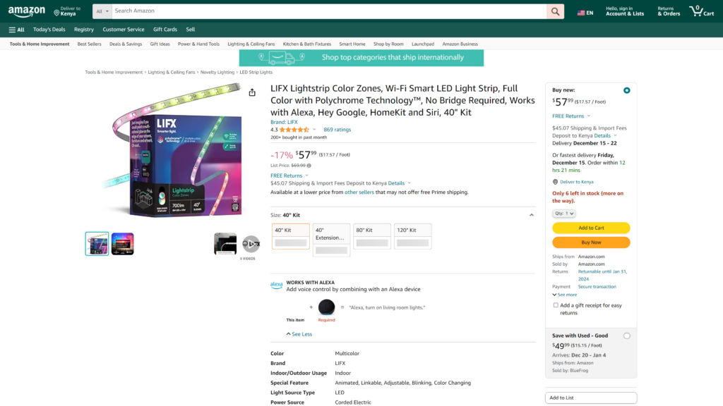 screenshot of the LIFX Light Strip Color Zones homepage