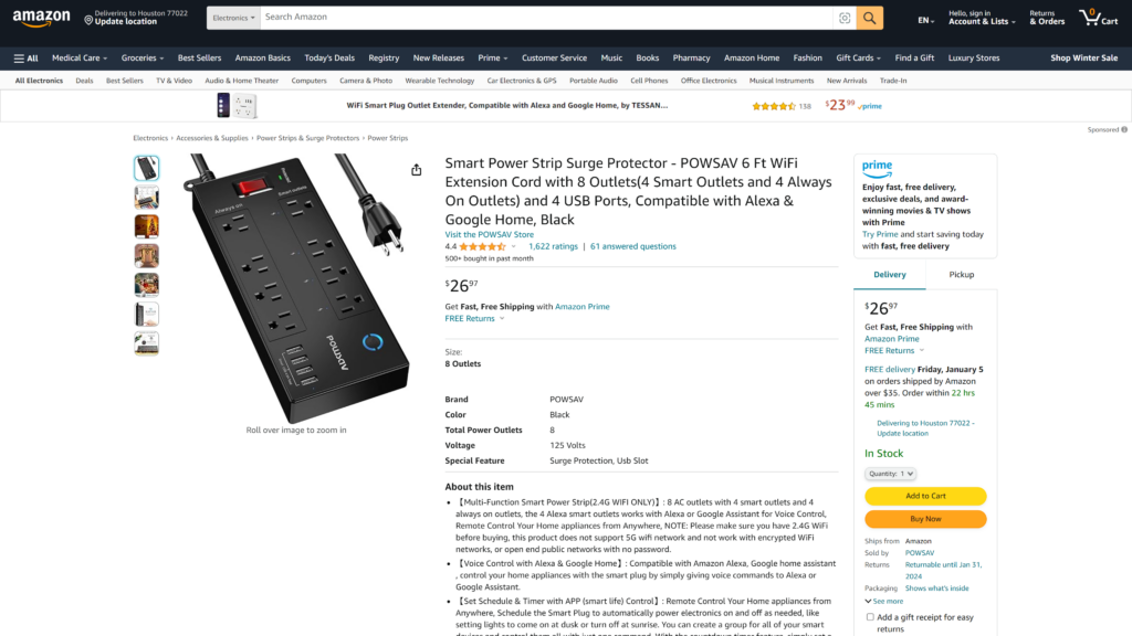 screenshot of the POWSAV Smart Power Strip Surge Protector smart power strip homepage