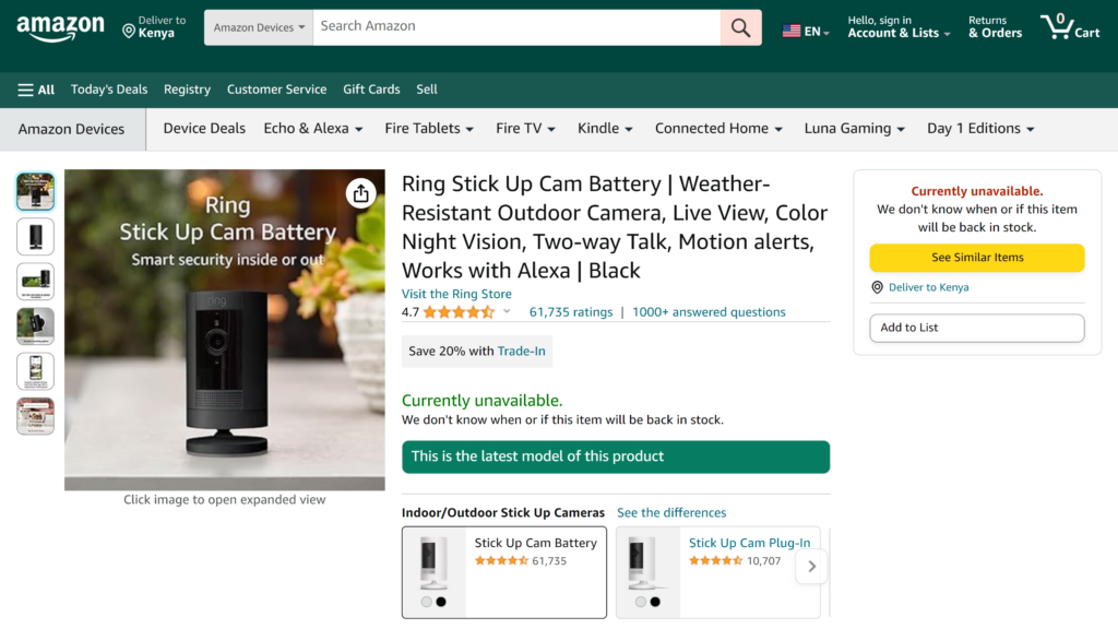 screenshot of the Ring Stick-Up Cam Battery best home security camera without subscription homepage