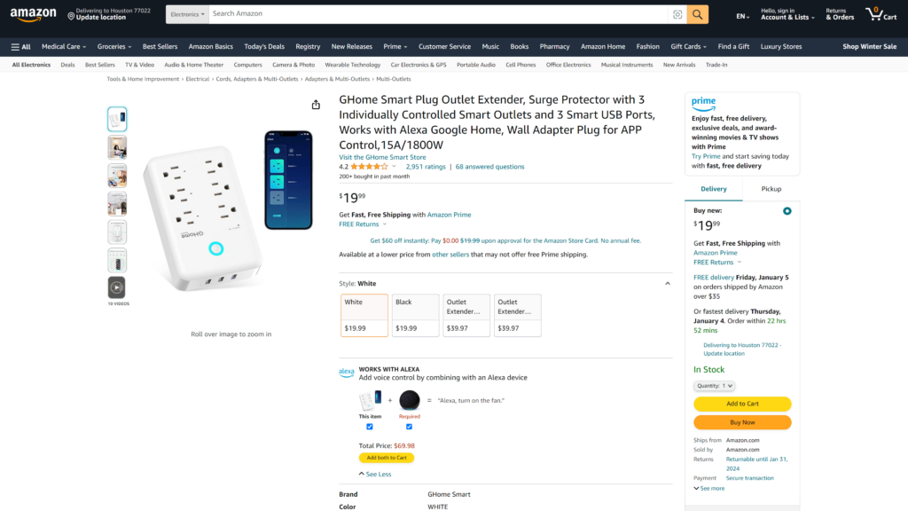 screenshot of the GHome Smart Plug Outlet Extender smart power strip homepage