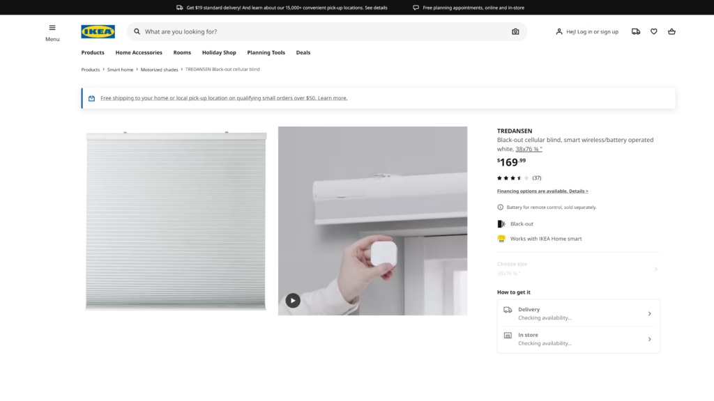 screenshot of the Ikea Tredansen blackout cellular smart blinds google home homepage