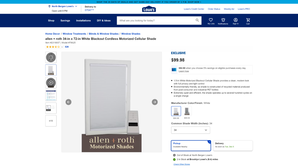 screenshot of the Allen Roth Motorized Cellular Shade homepage