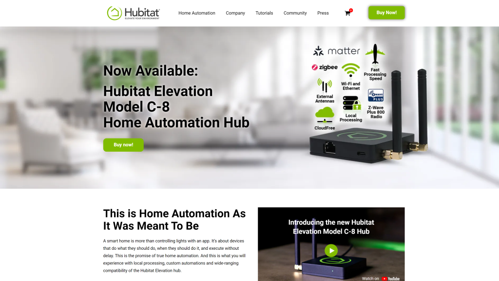 screenshot of the hubitat home automation systems homepage