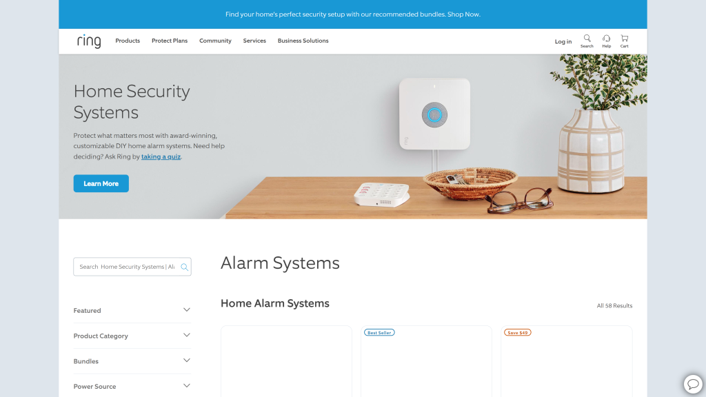 screenshot of the ring home security homepage