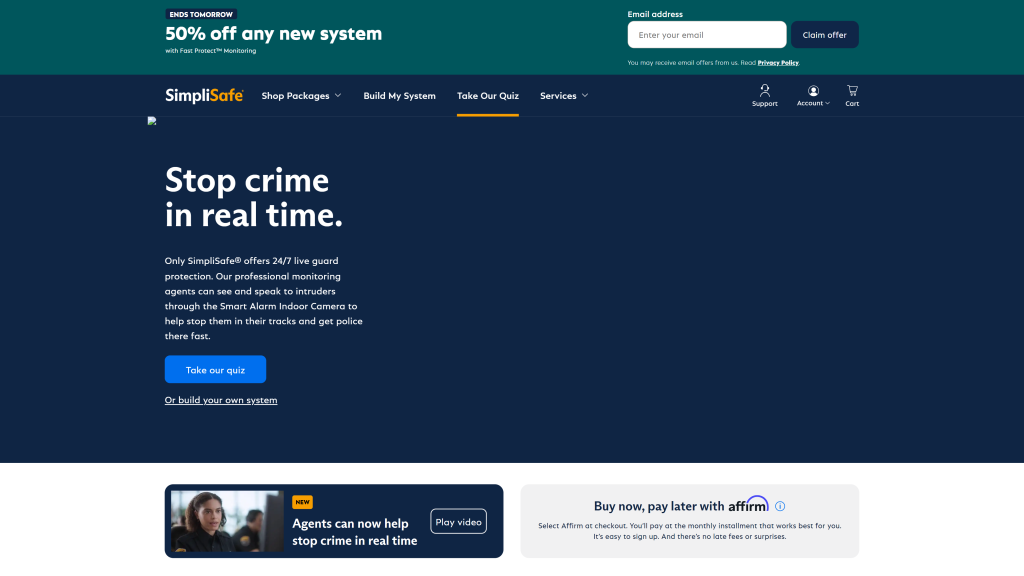 Screenshot of the simplisafe home automation and security system homepage