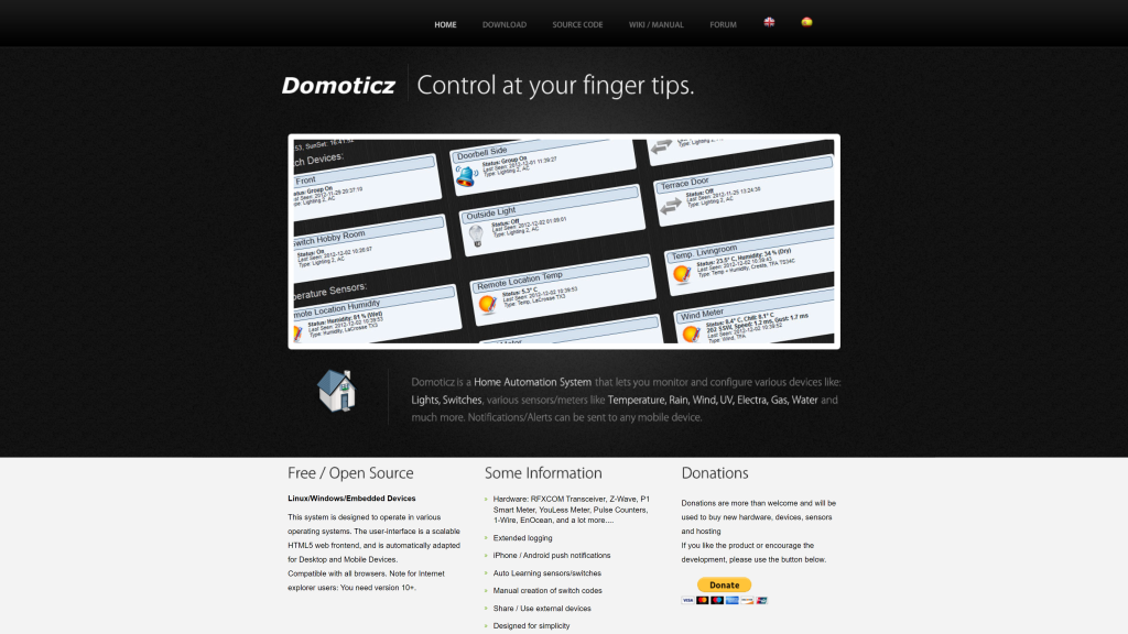 screenshot of the domoticz home automation software homepage