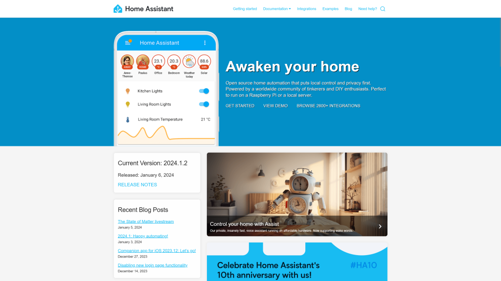 screenshot of the home assistant homepage