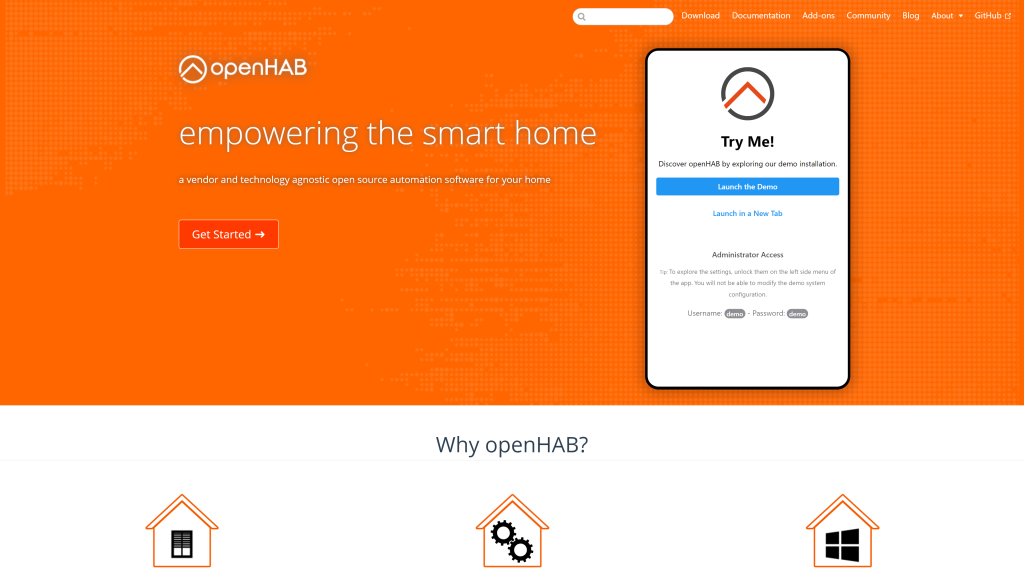 screenshot of the openhab home automation software homepage