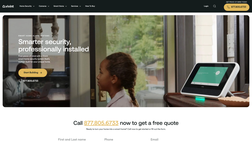 screenshot of the vivint homepage