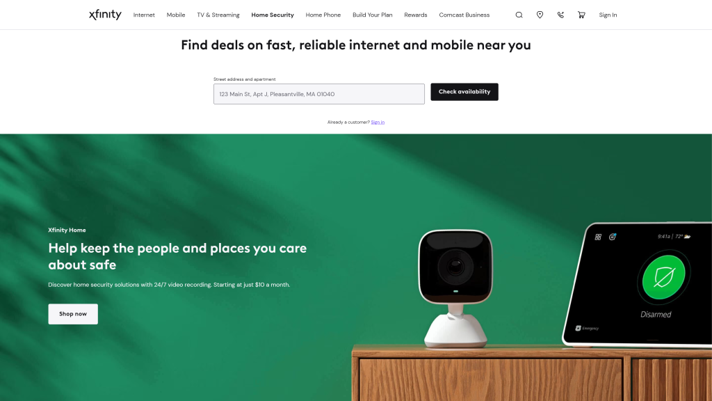 screenshot of the xfinity home automation and security system homepage