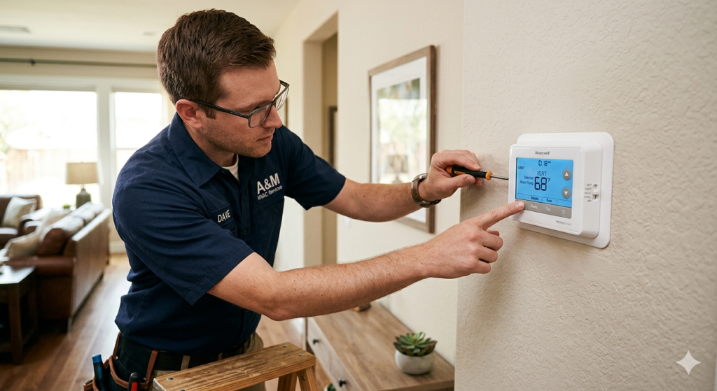 Technician adjusting a smart thermostat Honeywell thermostat not turning on heat
