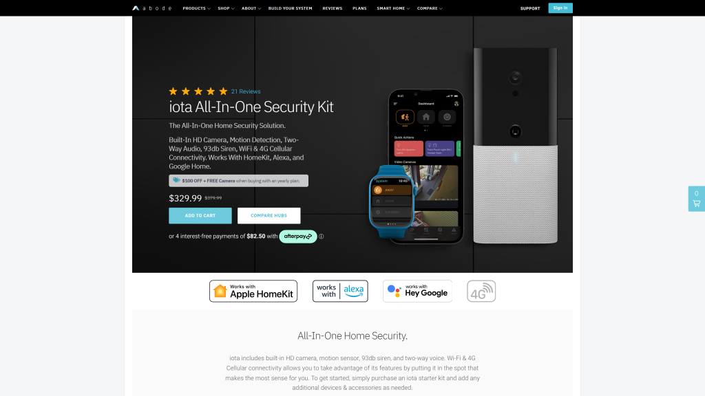 screenshot of the Abode iota All-In-One Security Kit home security systems homepage