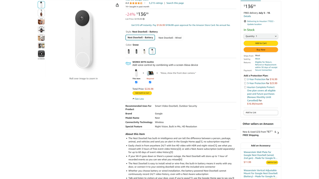 screenshot of the Google Nest Doorbell (Battery) homepage