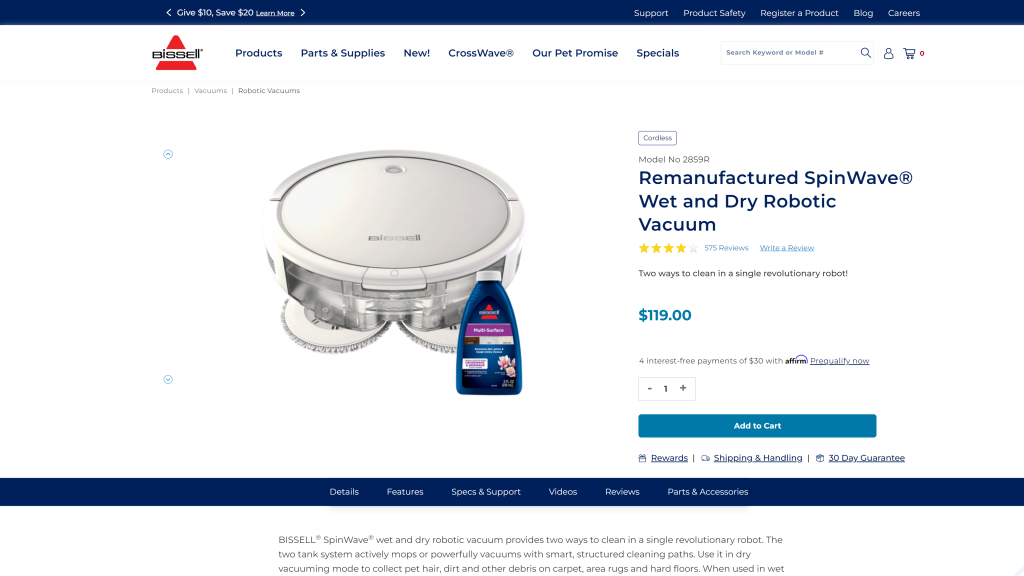 screenshot of the Bissell SpinWave Wet and Dry Robotic Vacuum homepage