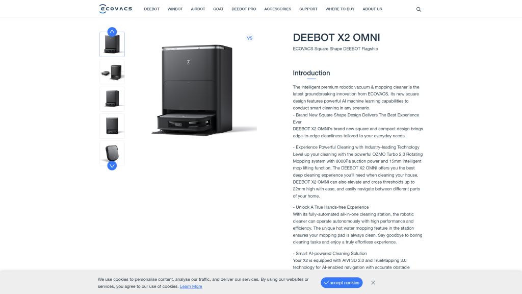 screenshot of the Ecovacs Deebot X2 Omni homepage