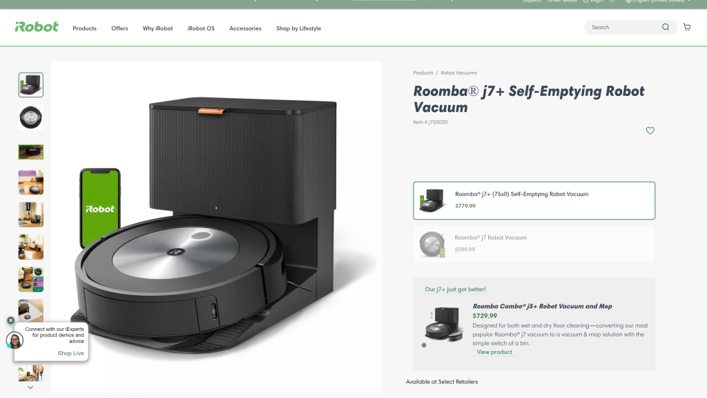 screenshot of the iRobot Roomba j7+  best robot vacuum for pet hair homepage