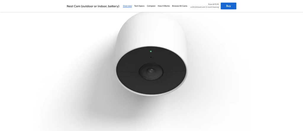 screenshot of the Google Nest Indoor/Outdoor Cam homepage