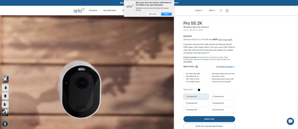 screenshot of the Arlo Pro 5S 2K Spotlight Camera best home security camera homepage