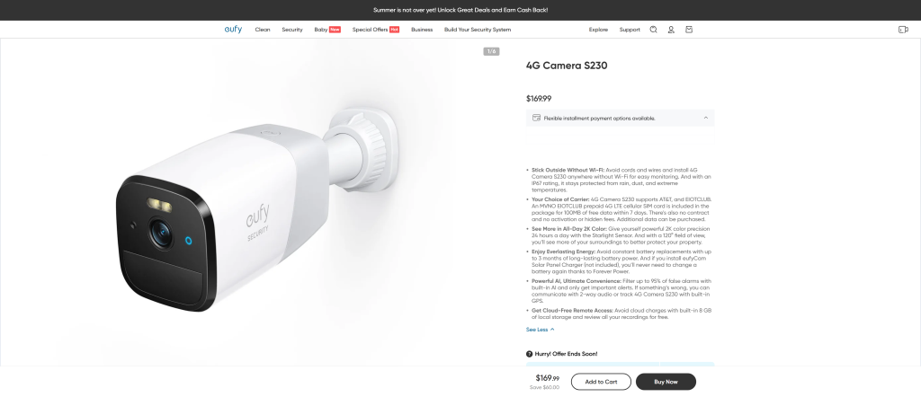 screenshot of the Eufy 4G Straight Camera S320 best home security camera homepage