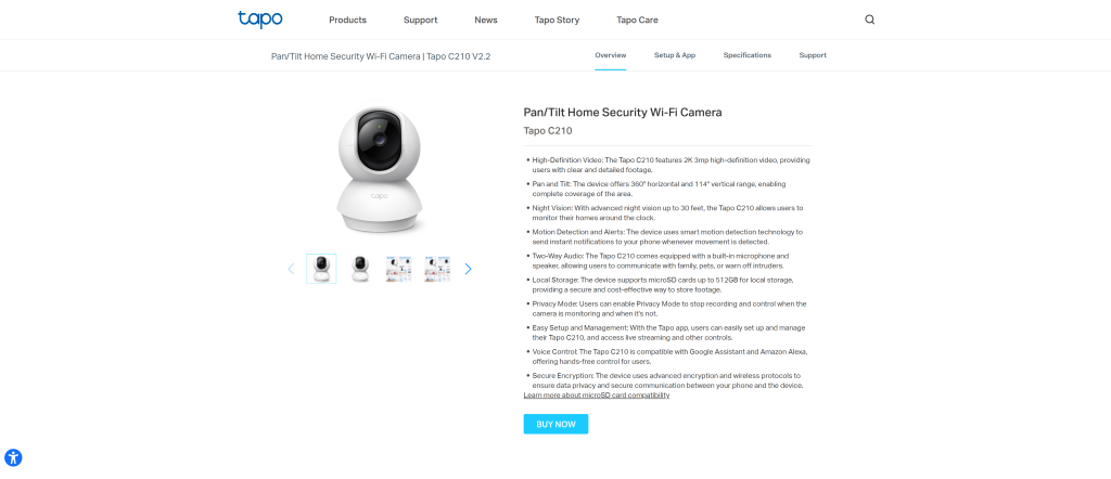 screenshot of the TP-Link Tapo Pan/Tilt C210 Camera homepage