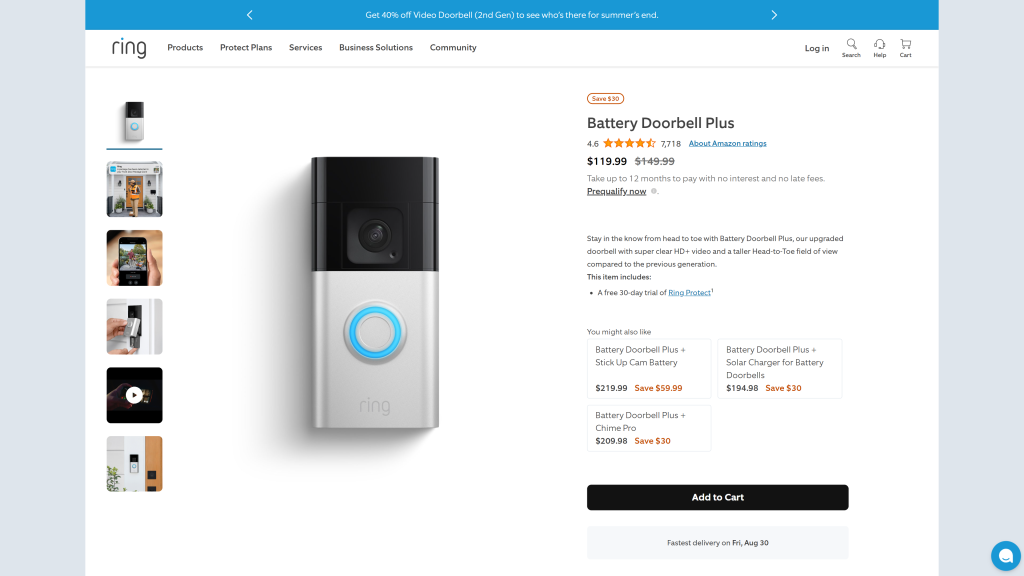 screenshot of the Ring Battery Video Doorbell Plus homepage