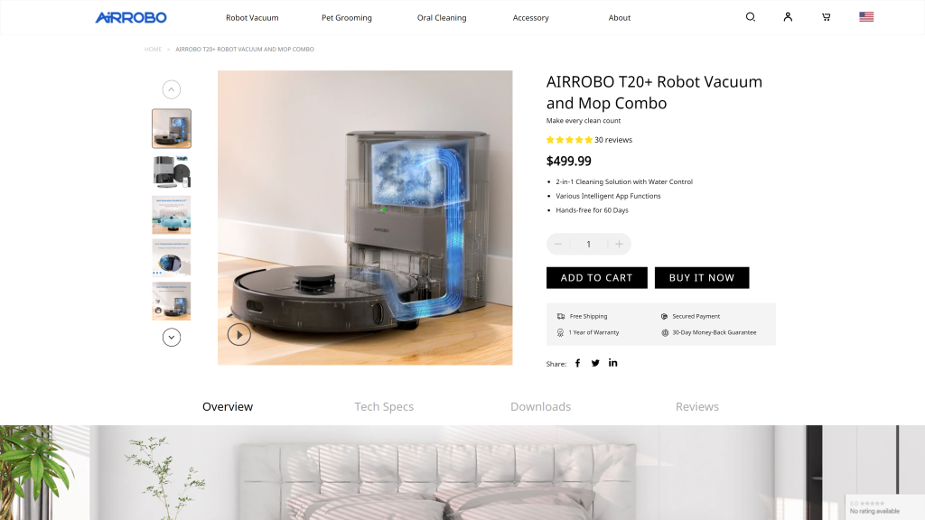 screenshot of the Airrobo T20+ Robot Vacuum and Mop Combo homepage