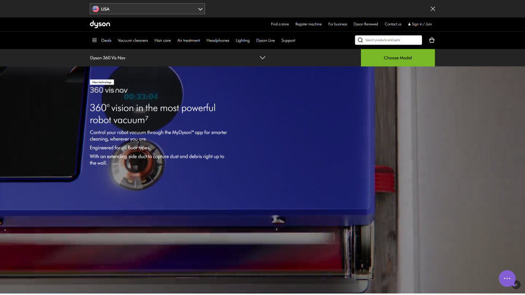 screenshot of the Dyson 360 Vis Nav dyson robot vacuum homepage