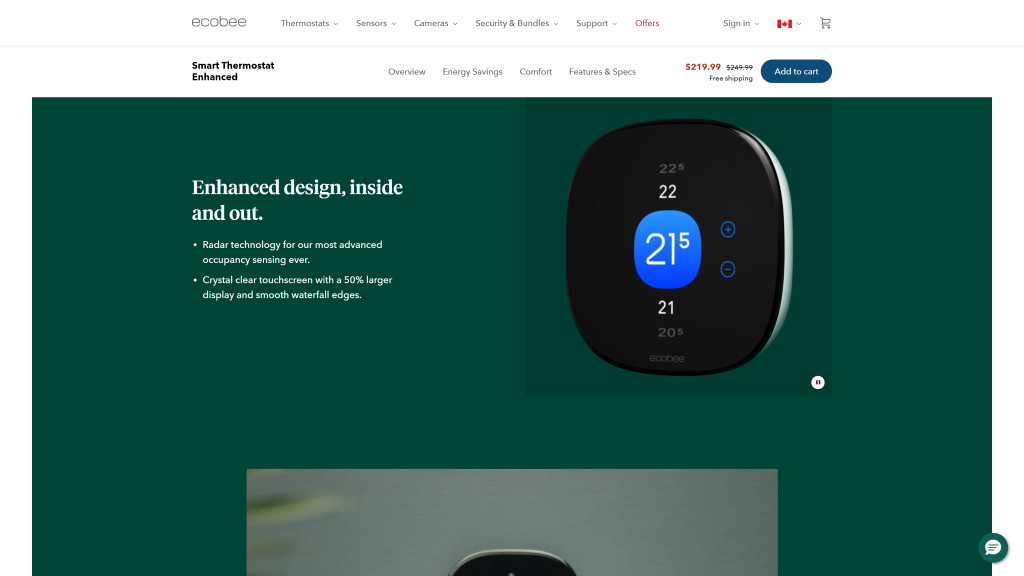 screenshot of the Ecobee Smart Thermostat Enhanced homepage