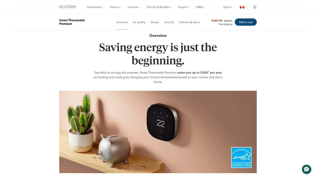 screenshot of the Ecobee Smart Thermostat Premium homepage