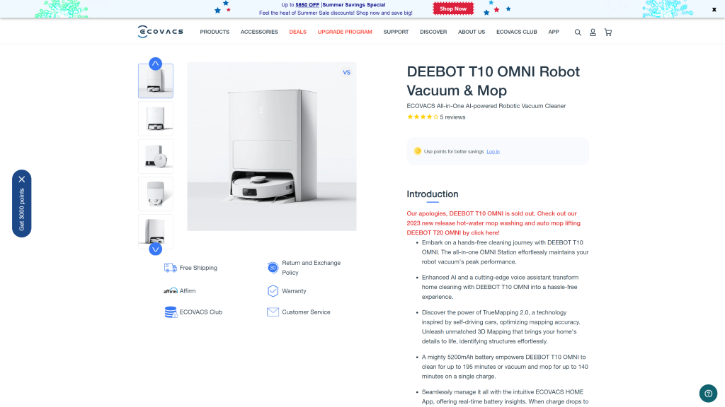 screenshot of the Ecovacs Deebot T10 Omni best robot mop homepage