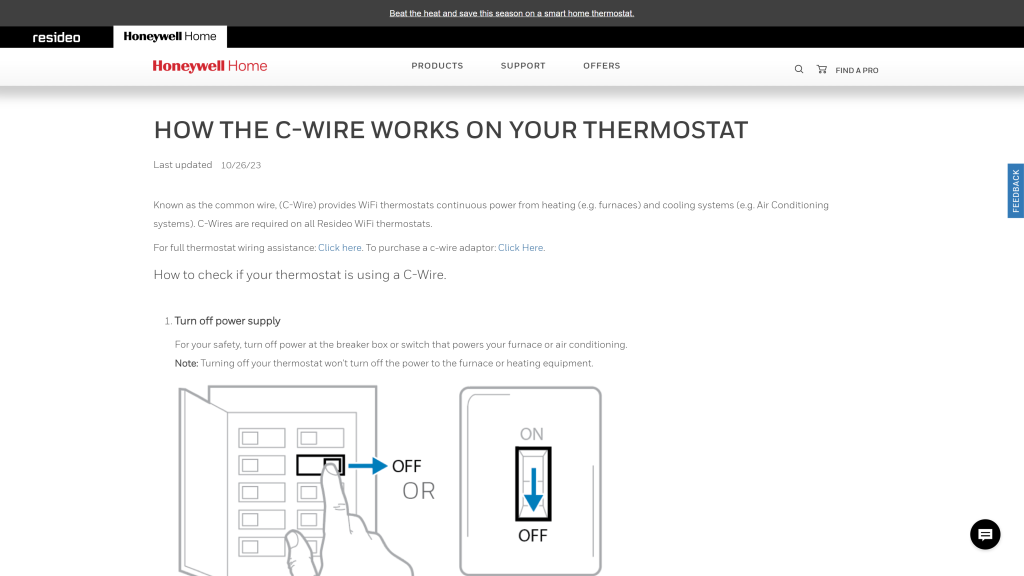 screenshot of the thermostat C-wire honeywell homepage