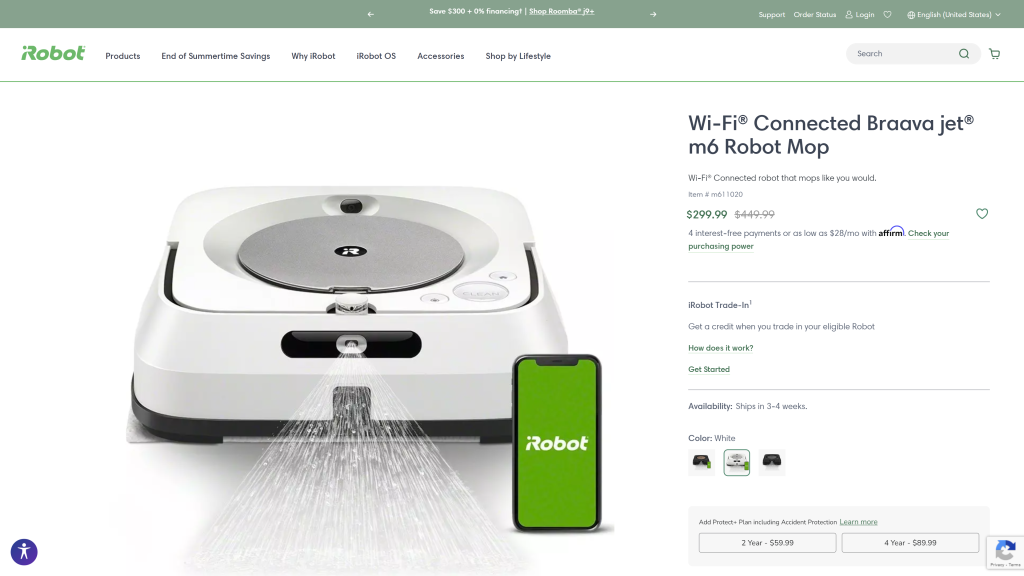 screenshot of the iRobot Braava Jet m6 best robot mop  homepage