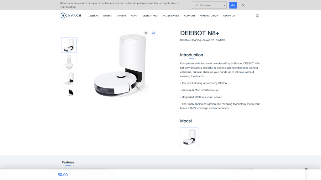 screenshot of the ECOVACS Deebot N8+ homepage