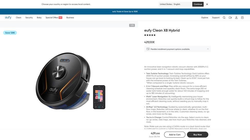 screenshot of the Eufy Clean X8 Hybrid eufy robot vacuum homepage