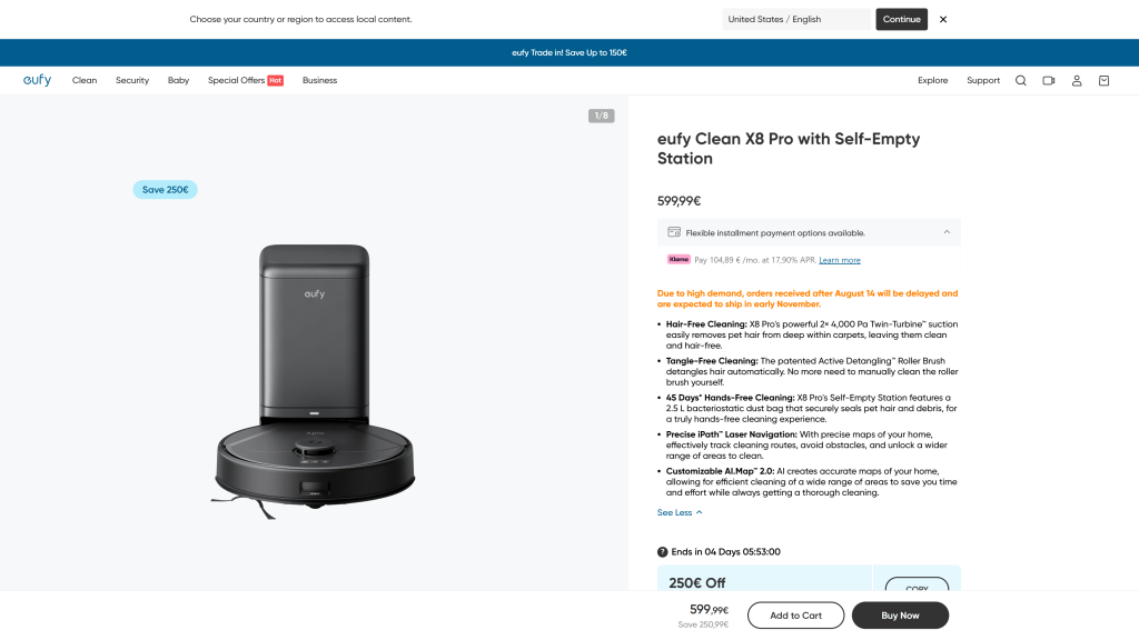 screenshot image of Eufy Clean X8 Pro eufy robot vacuum homepage