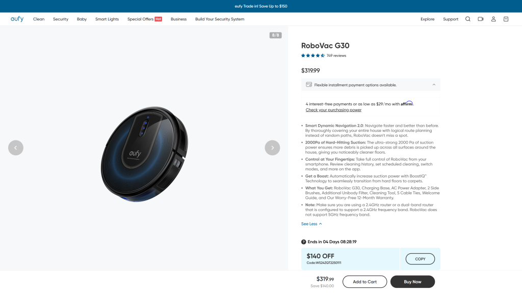 screenshot of the Eufy RoboVac G30 Hybrid best robot vacuum for hardwood floors homepage