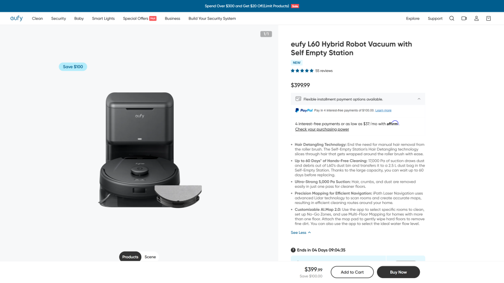 screenshot of the Eufy L60 Hybrid Robot Vacuum homepage