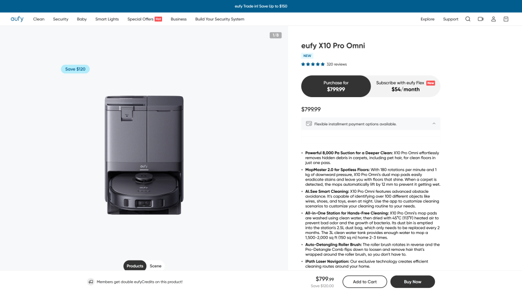 screenshot of the Eufy X10 Pro Omni homepage