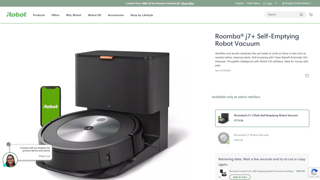 screenshot of the iRobot Roomba j7+ best robot vacuum for hardwood floors homepage